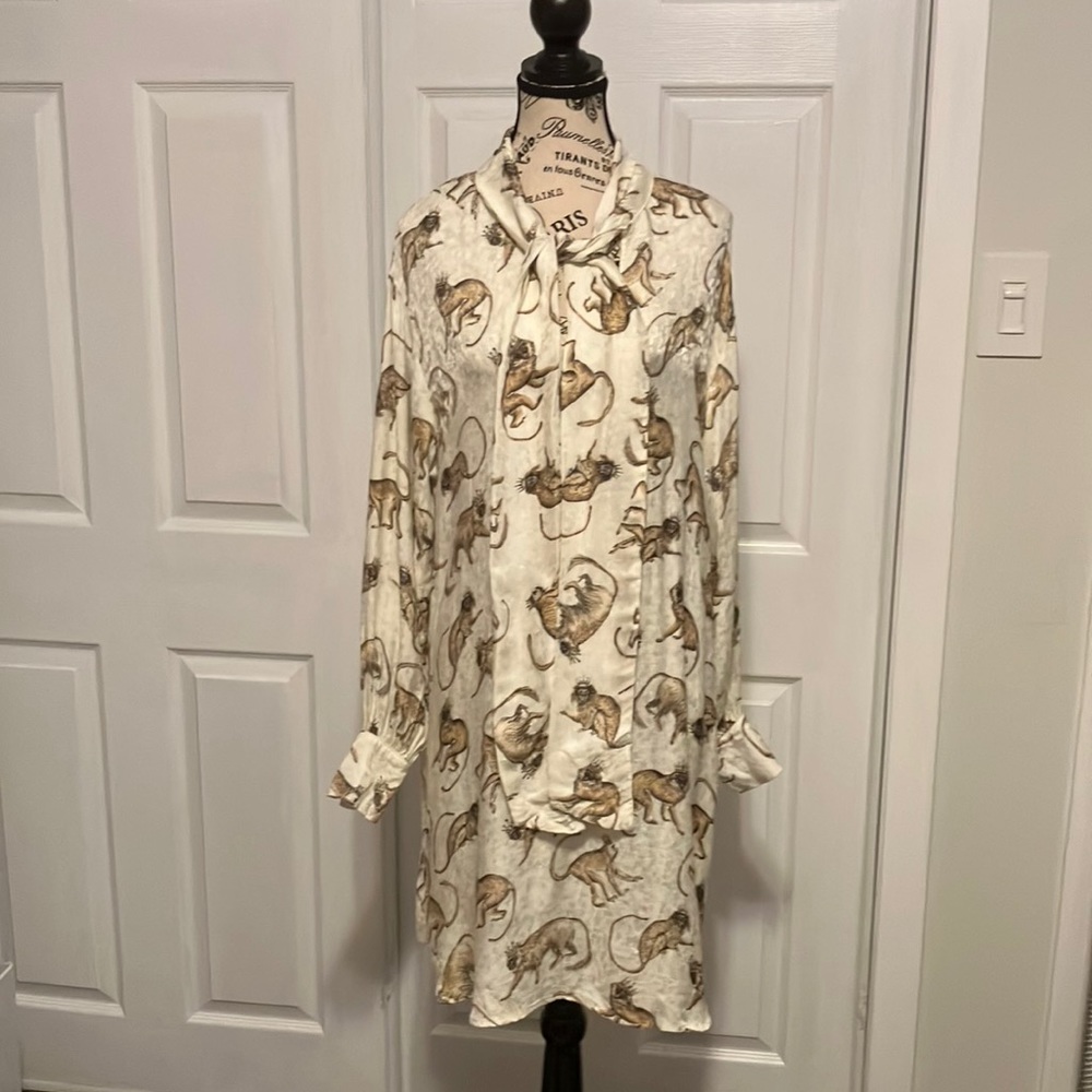 H&M Monkey print bow long sleeve shift dress